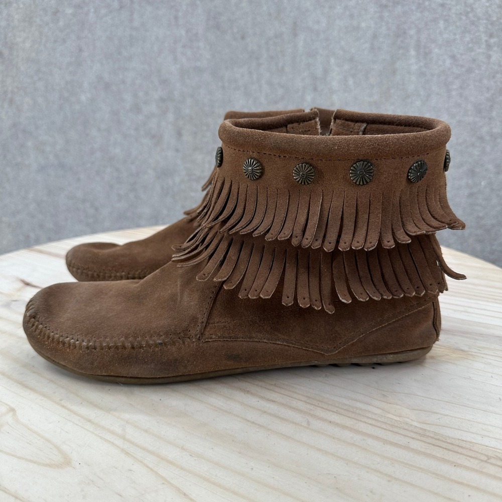Minnetonka Double Fringe Side Zip Brown Suede Moccasin Ankle Boots Womens 9.5